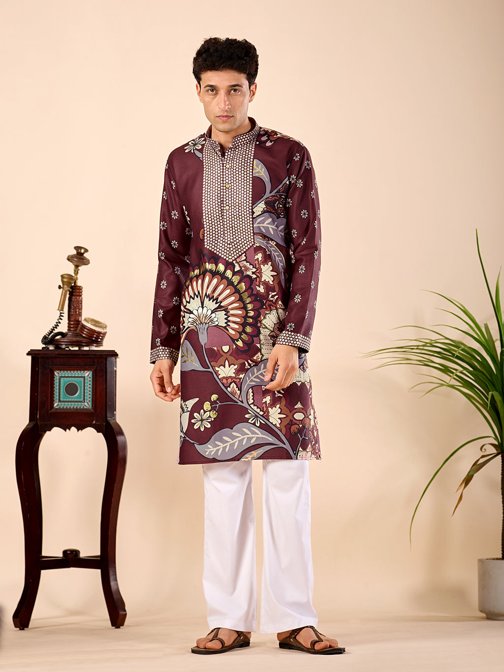 The Sartaj Linen Kurta (Dark Wine Floral)