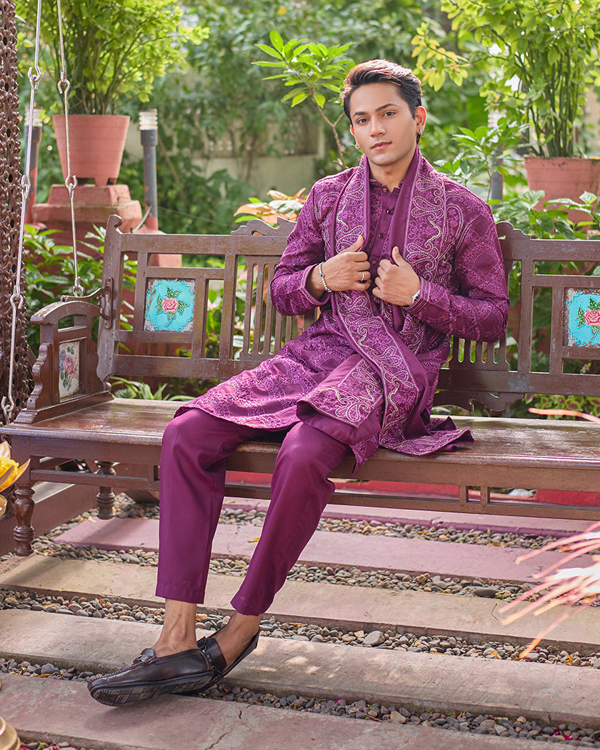 Sovereign Grace Wine Embroidered Kurta with Stole