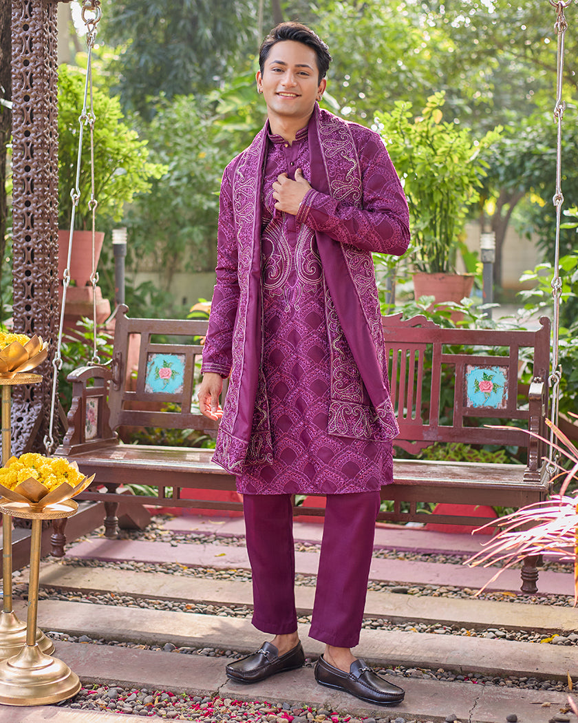 Sovereign Grace Wine Embroidered Kurta with Stole