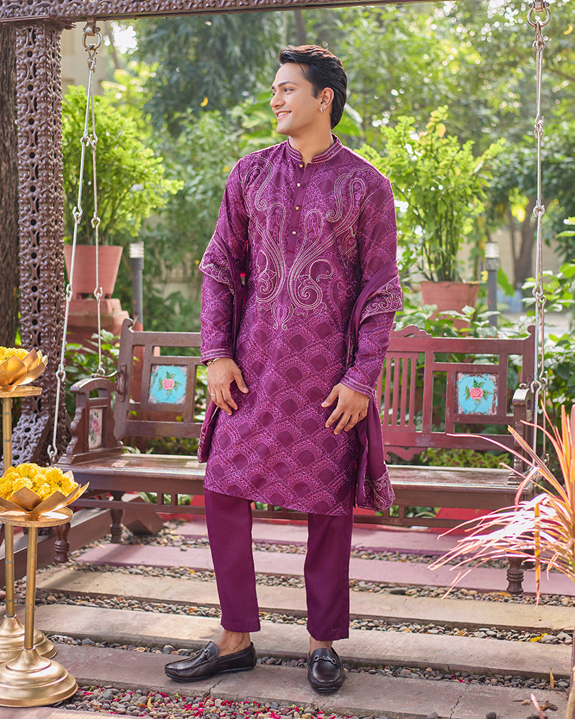Sovereign Grace Wine Embroidered Kurta with Stole