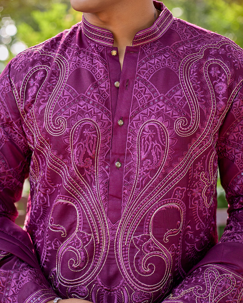 Sovereign Grace Wine Embroidered Kurta with Stole
