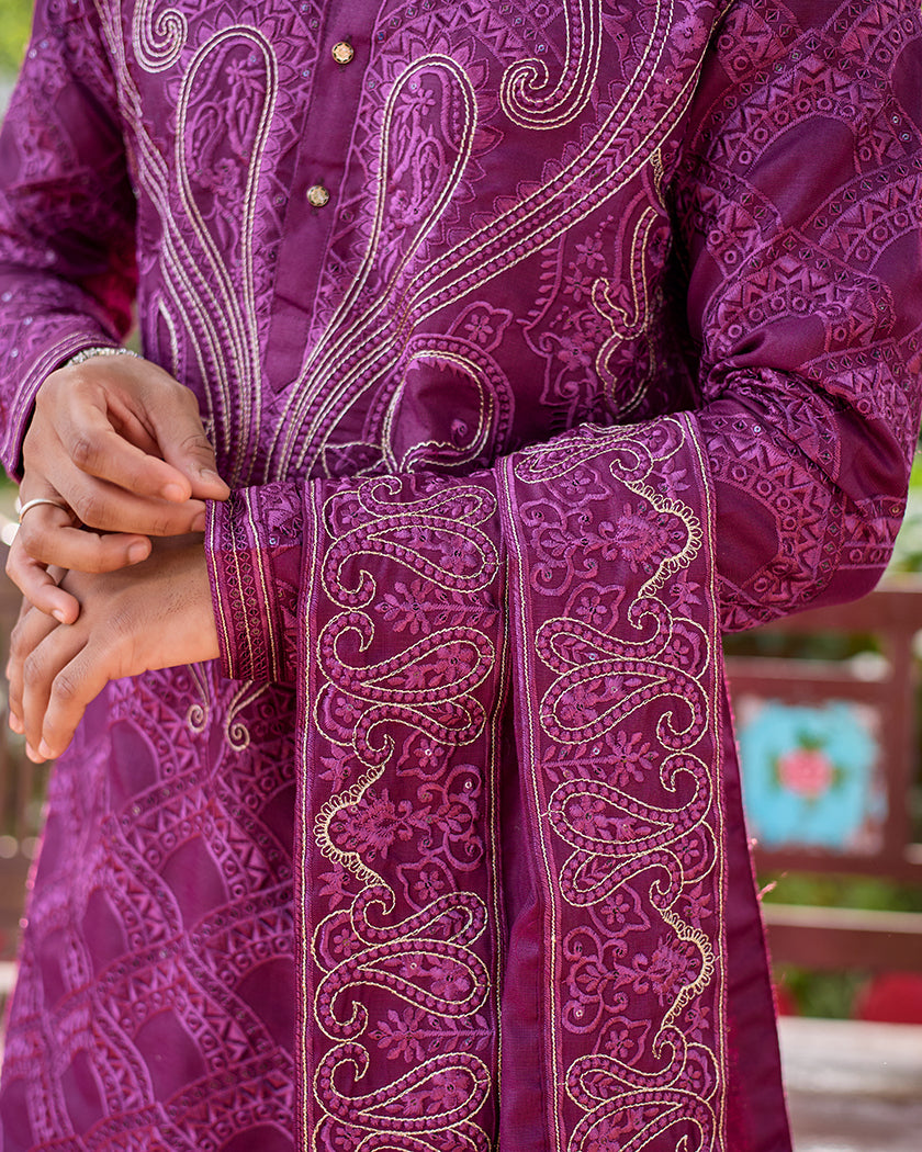 Sovereign Grace Wine Embroidered Kurta with Stole