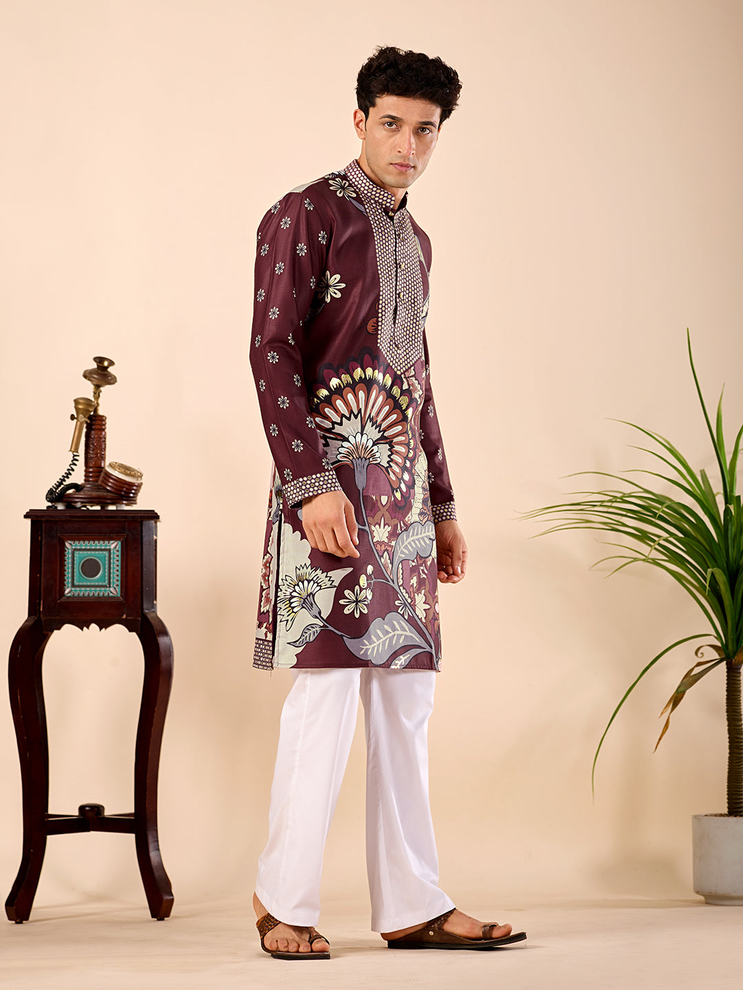 The Sartaj Linen Kurta (Dark Wine Floral)
