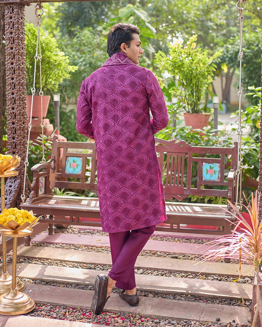 Sovereign Grace Wine Embroidered Kurta with Stole
