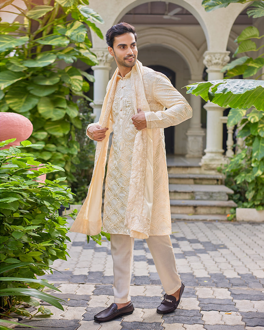Sovereign Grace Cream Embroidered Kurta with Stole