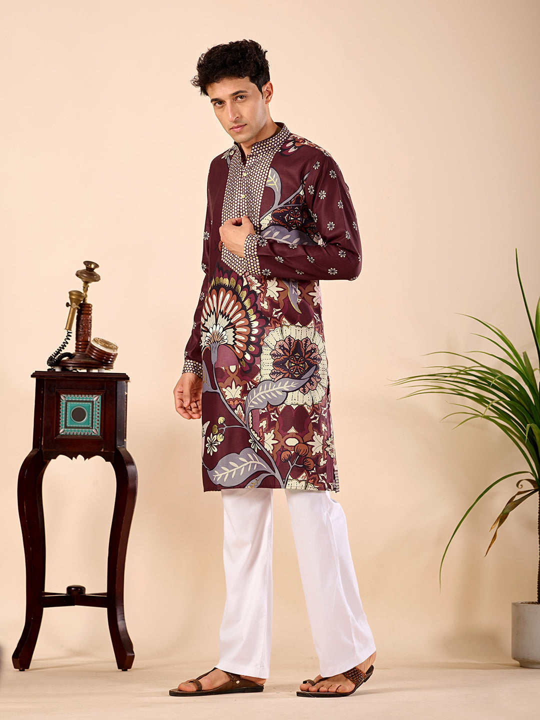 The Sartaj Linen Kurta (Dark Wine Floral)