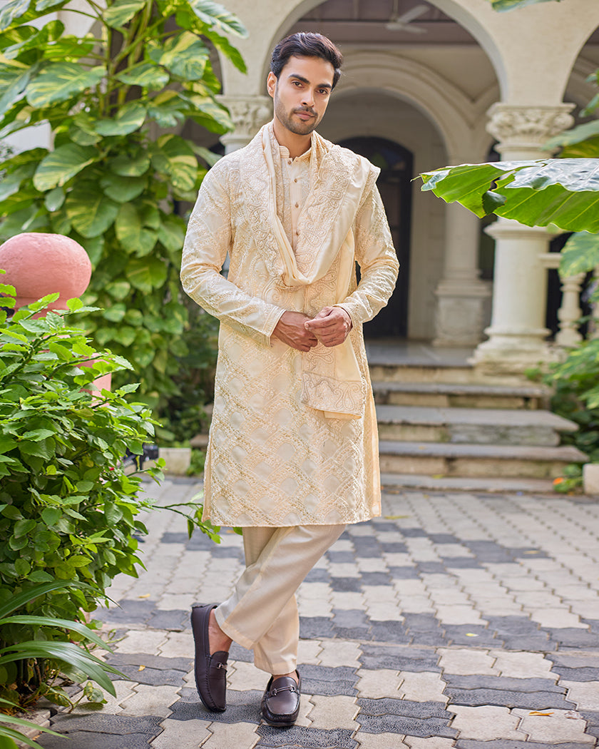Sovereign Grace Cream Embroidered Kurta with Stole