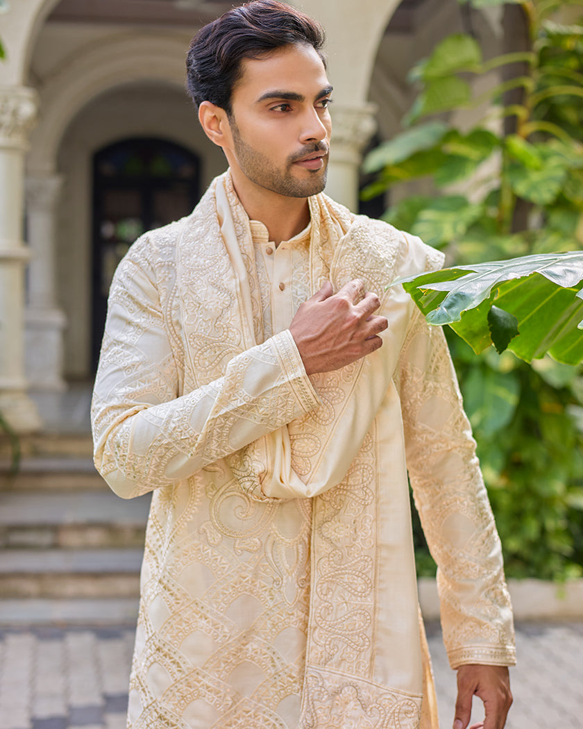 Sovereign Grace Cream Embroidered Kurta with Stole