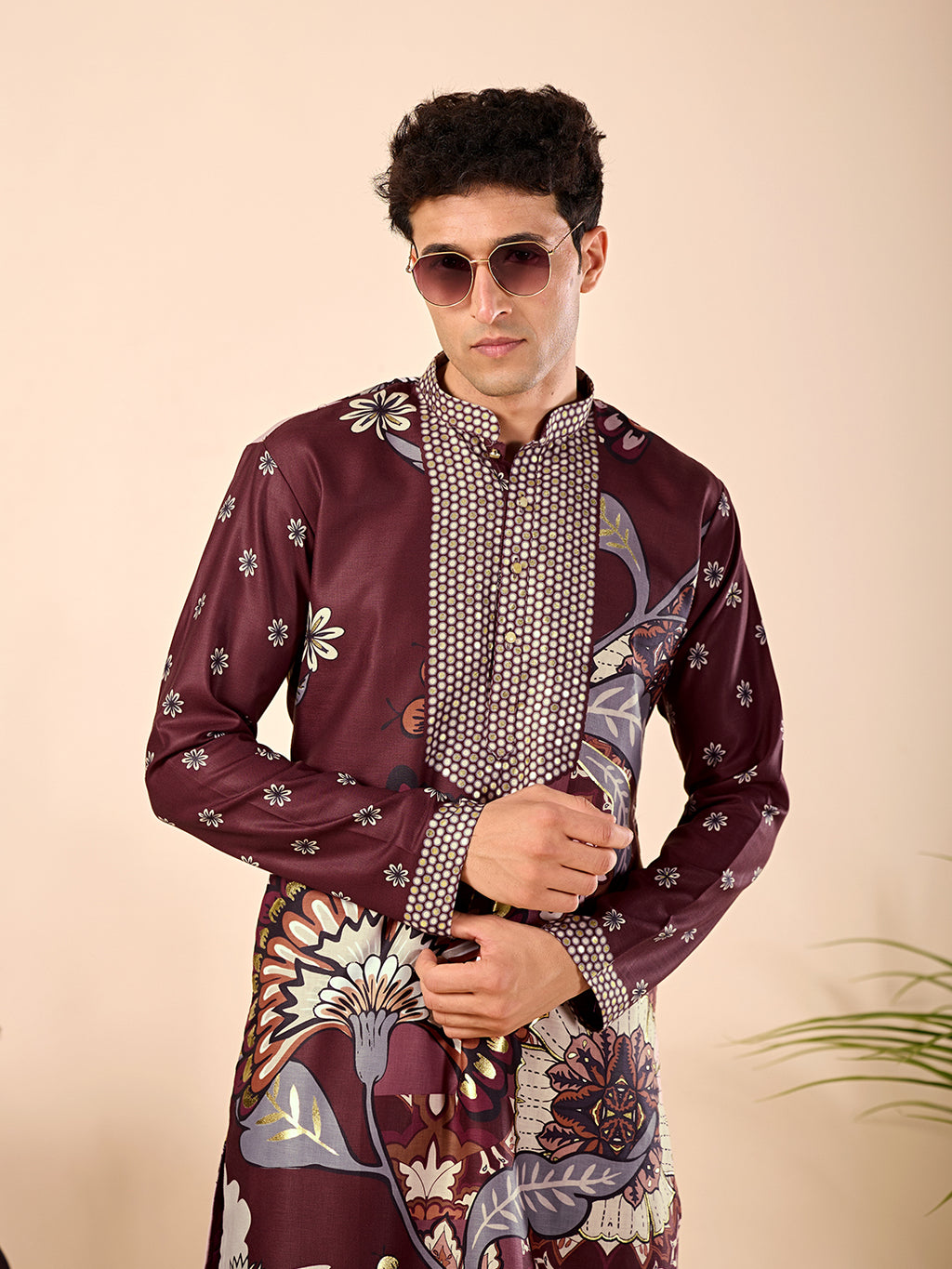 The Sartaj Linen Kurta (Dark Wine Floral)