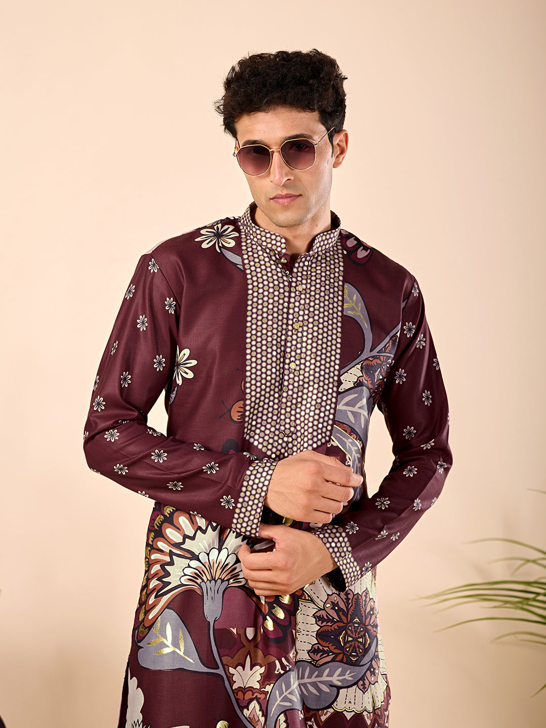 The Sartaj Linen Kurta (Dark Wine Floral)