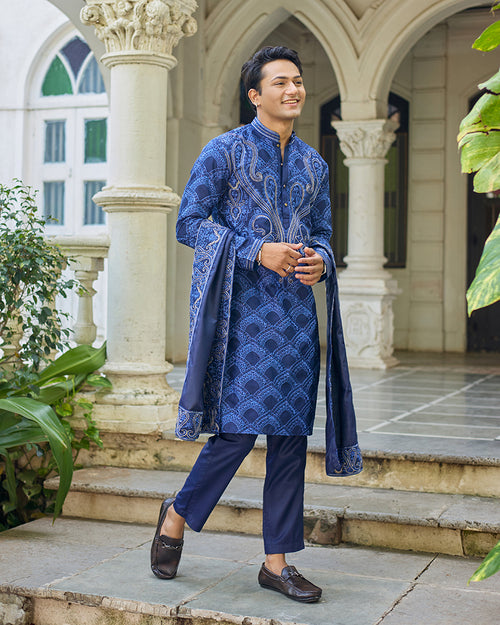 Sovereign Grace Navy Blue Embroidered Kurta with Stole