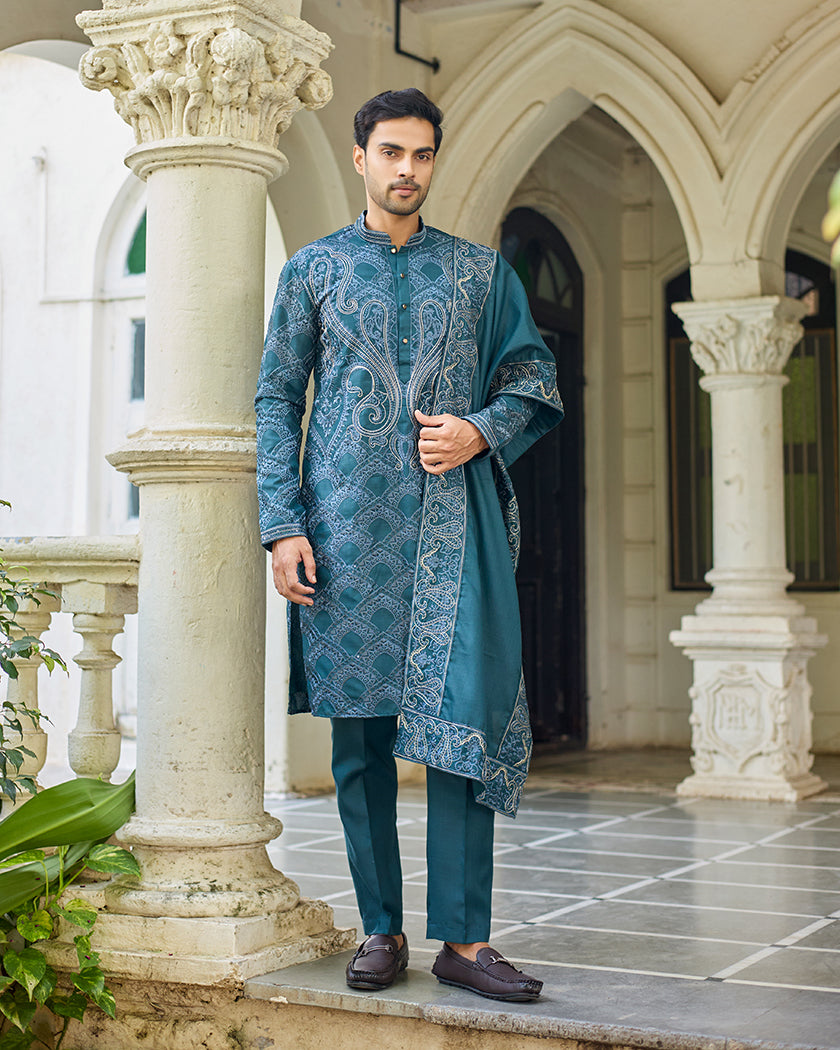 Sovereign Grace Bottle Green Embroidered Kurta with Stole