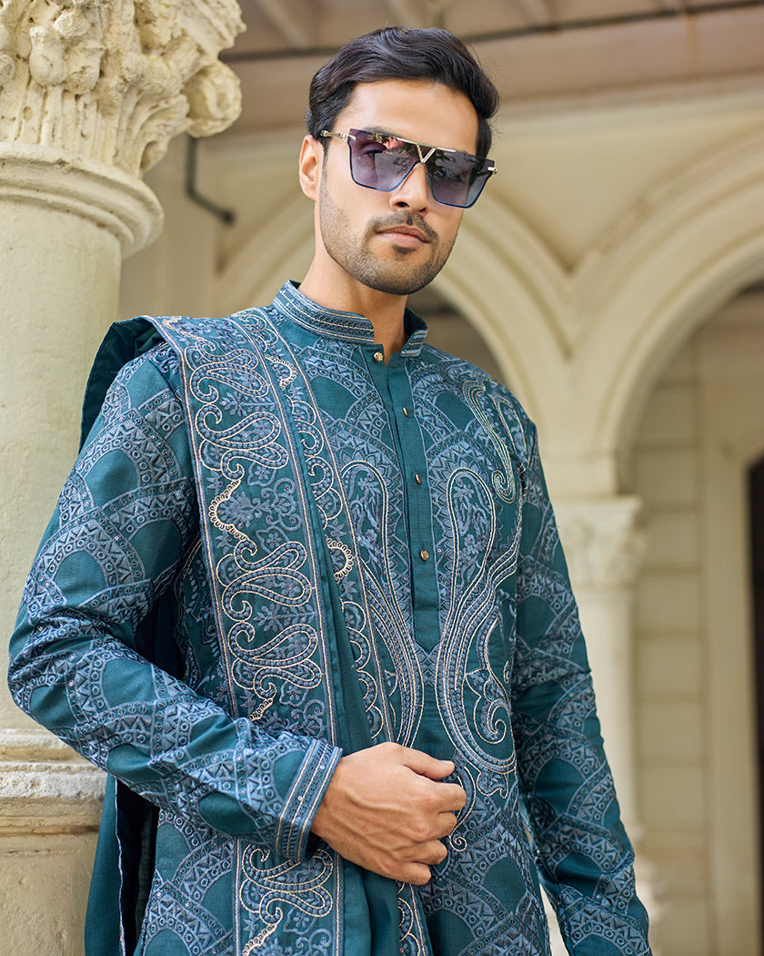 Sovereign Grace Bottle Green Embroidered Kurta with Stole