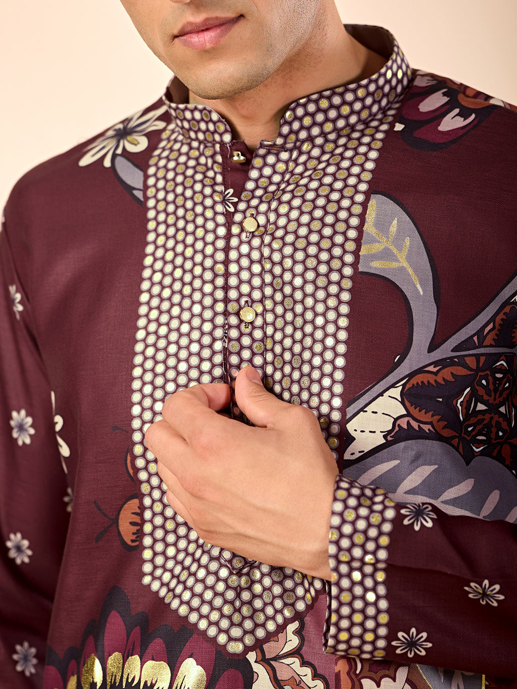 The Sartaj Linen Kurta (Dark Wine Floral)