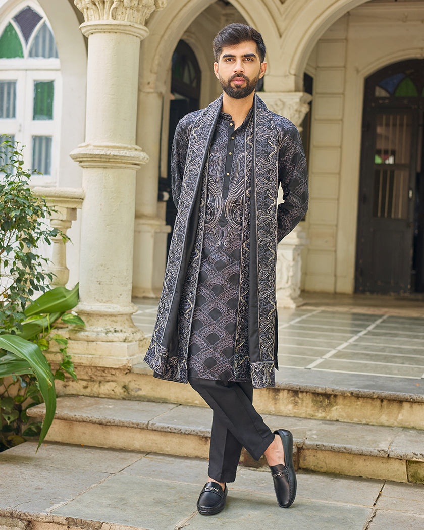 Sovereign Grace Black Embroidered Kurta with Stole