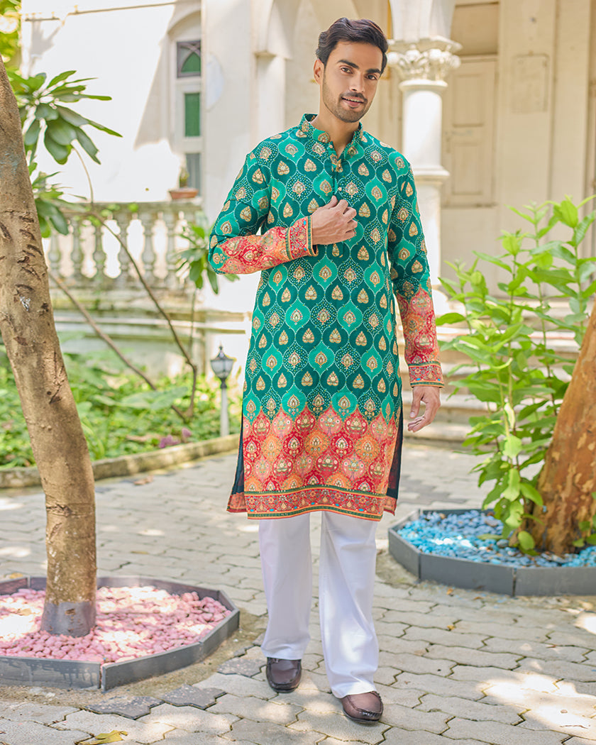 Green Jacquard Embroidered Kurta
