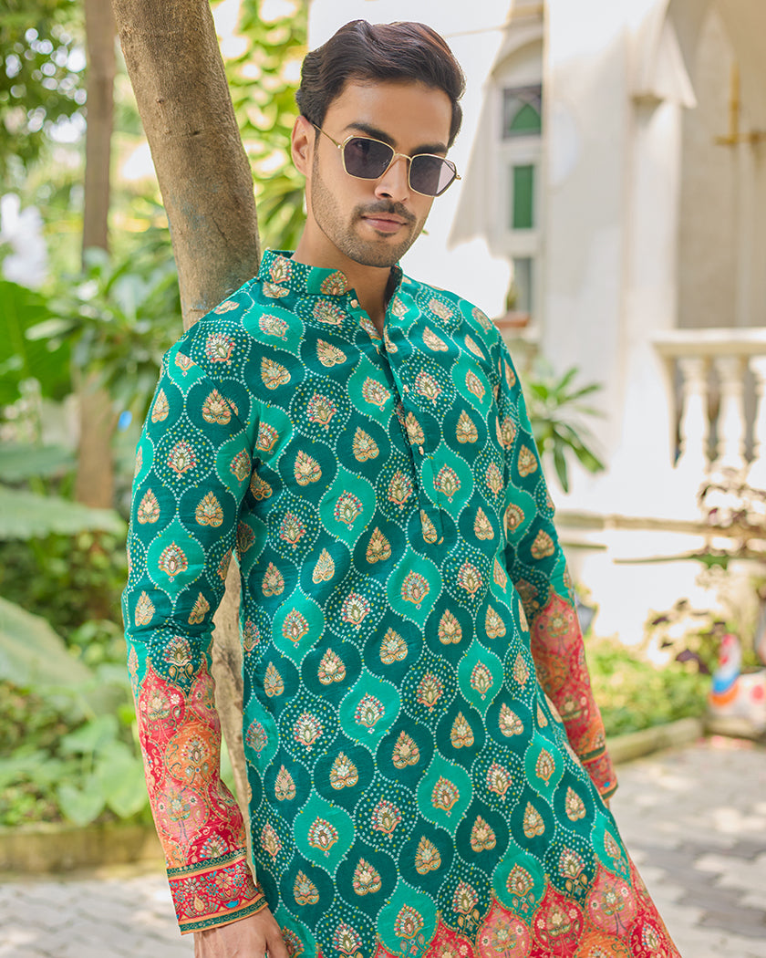 Green Jacquard Embroidered Kurta