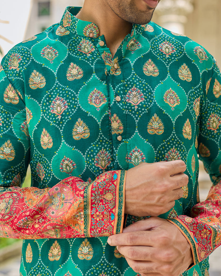 Green Jacquard Embroidered Kurta