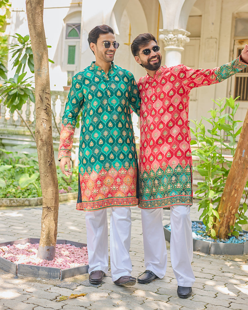 Red Bandhani Jacquard Embroidered Kurta