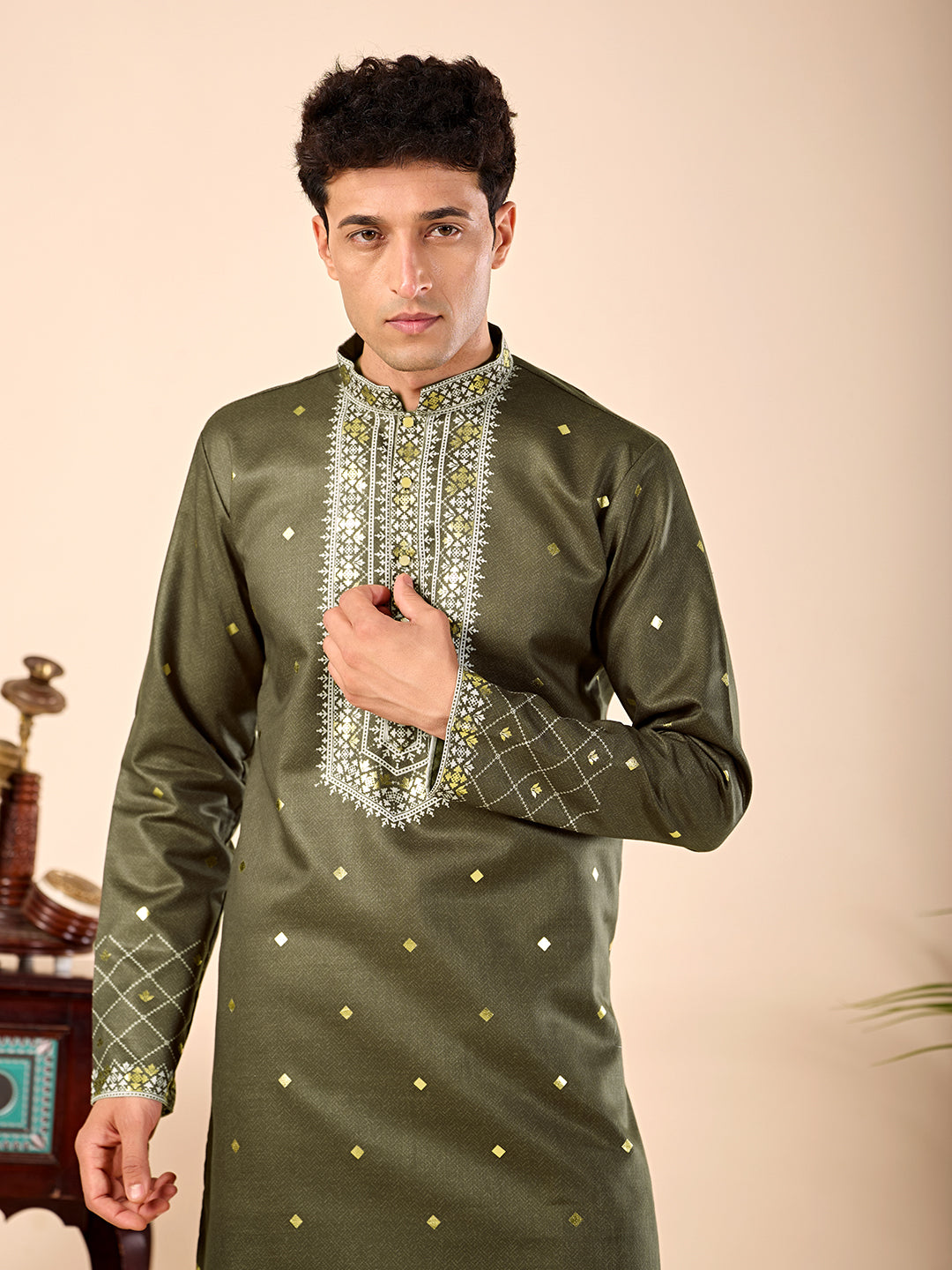 The Zafar Linen Kurta (Olive Green Geometric)