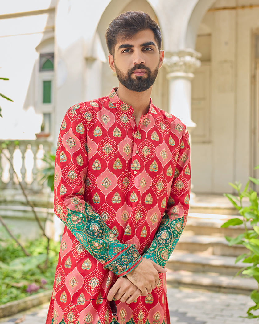 Red Bandhani Jacquard Embroidered Kurta