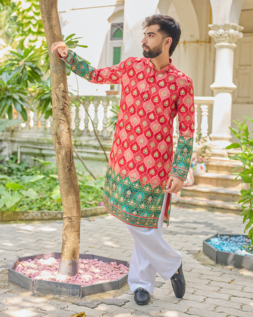 Red Bandhani Jacquard Embroidered Kurta