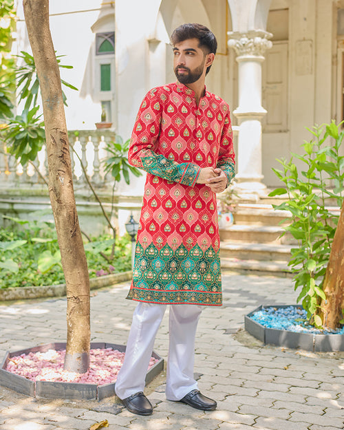 Red Bandhani Jacquard Embroidered Kurta