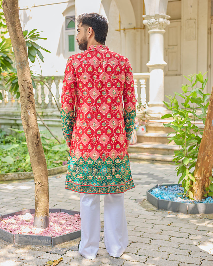 Red Bandhani Jacquard Embroidered Kurta