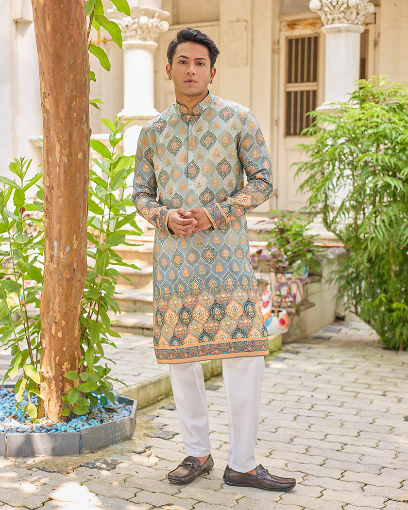 Grey Bandhani Jacquard Embroidered Kurta.