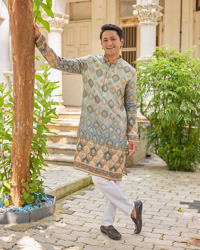 Grey Bandhani Jacquard Embroidered Kurta.