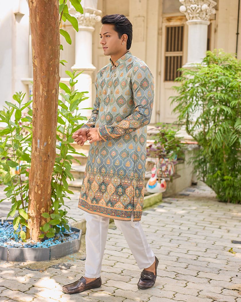 Grey Bandhani Jacquard Embroidered Kurta.