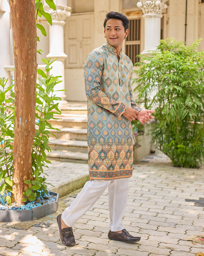 Grey Bandhani Jacquard Embroidered Kurta.