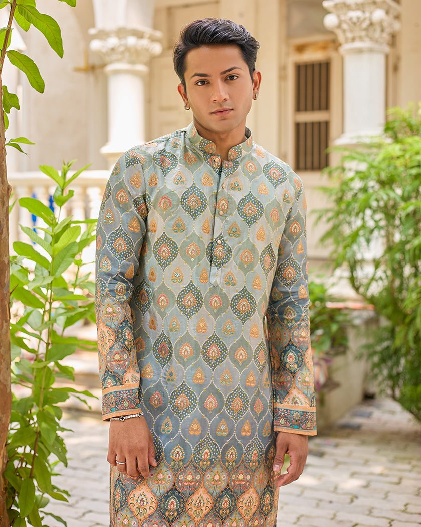 Grey Bandhani Jacquard Embroidered Kurta.