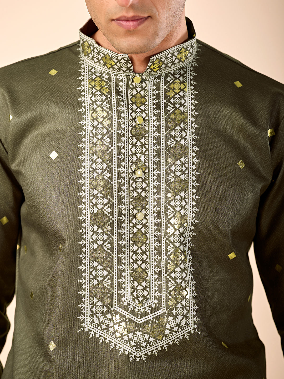 The Zafar Linen Kurta (Olive Green Geometric)
