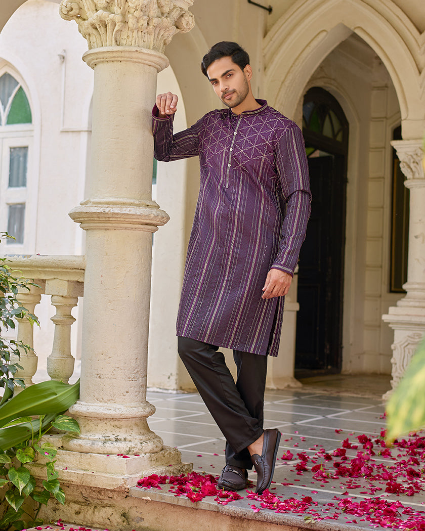 Sapphire Lining Wine Embroidered Kurta