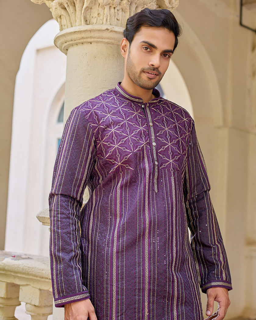 Sapphire Lining Wine Embroidered Kurta
