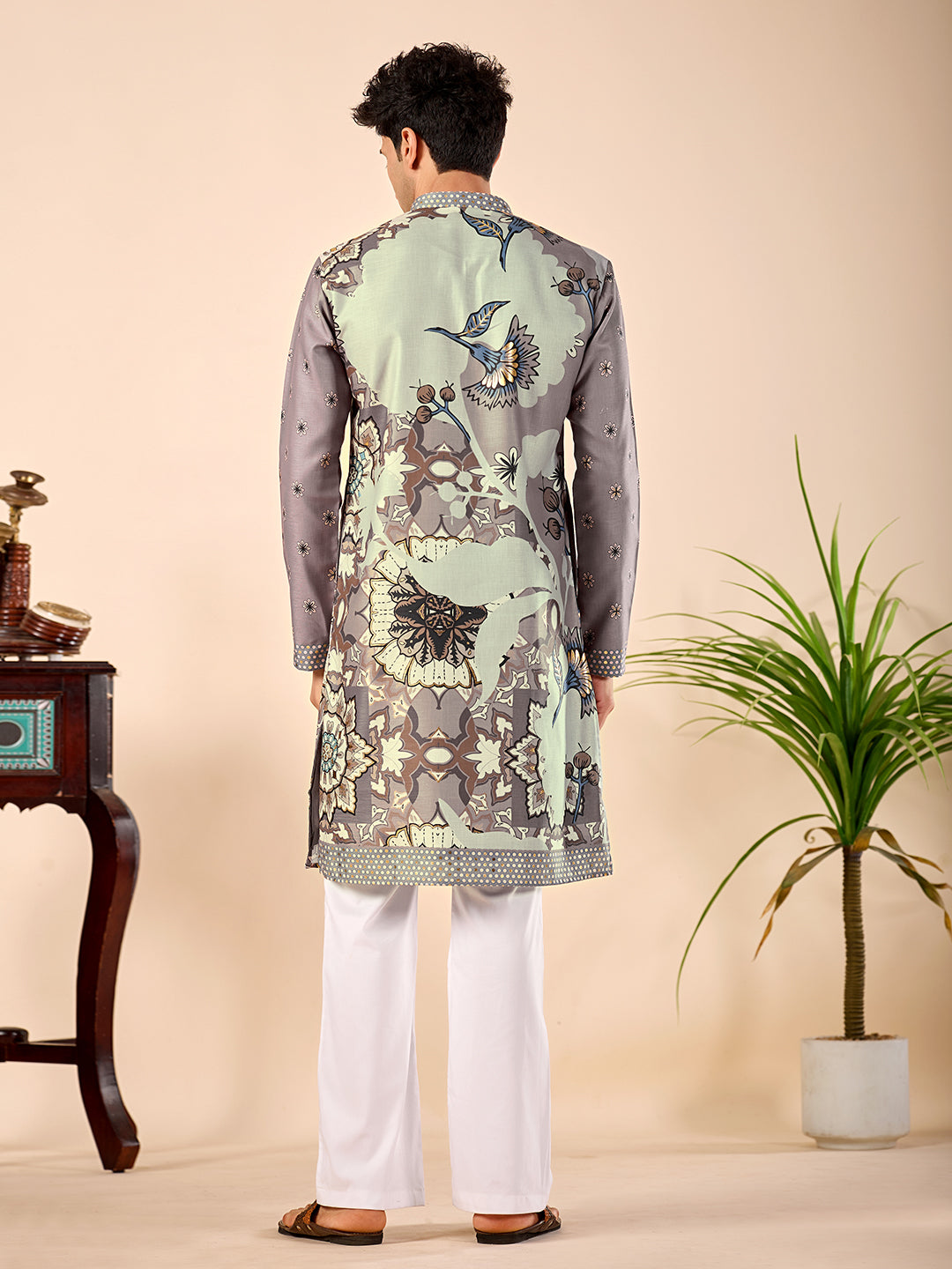 The Sartaj Linen Kurta (Grey Floral)