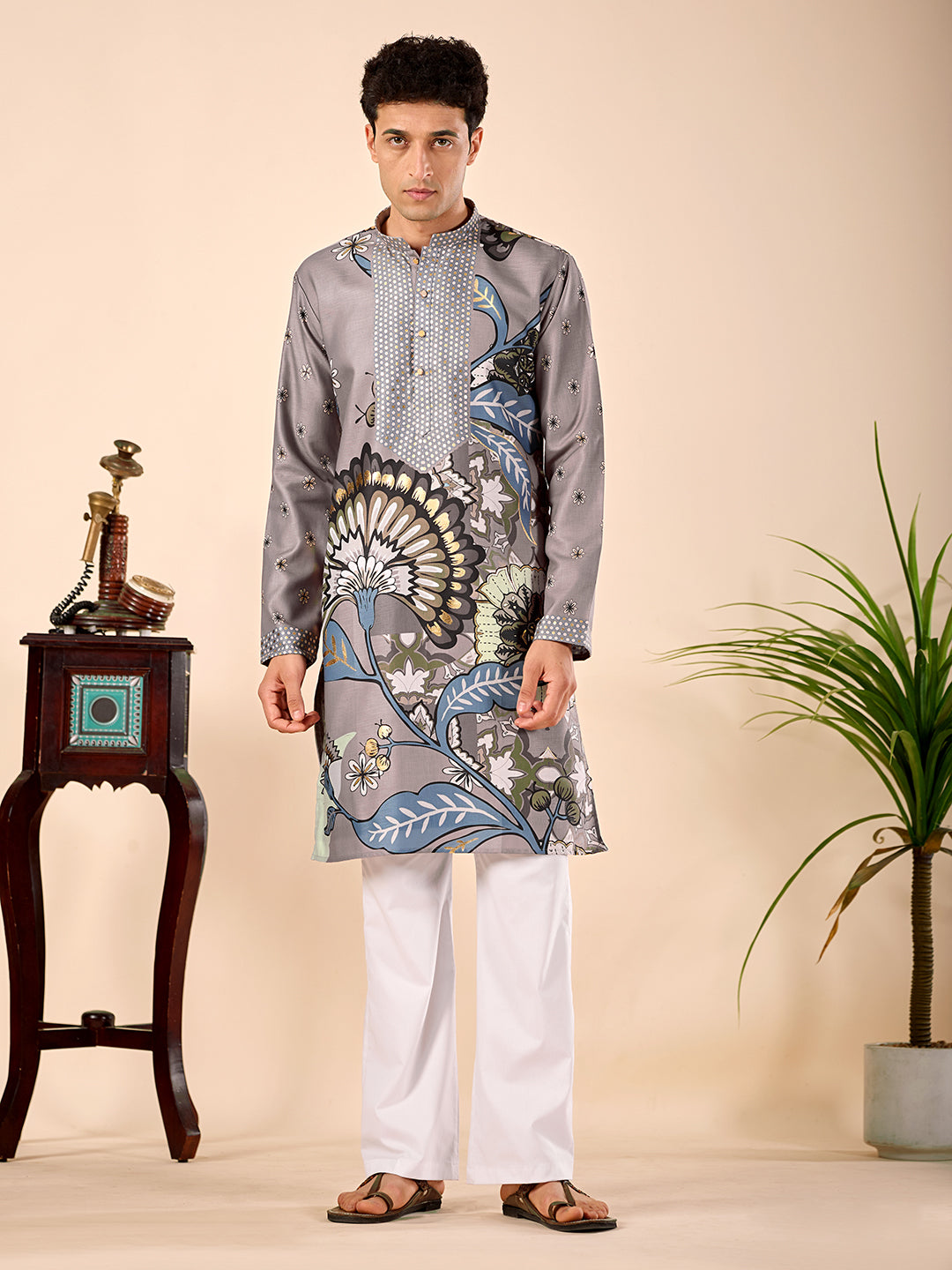 The Sartaj Linen Kurta (Grey Floral)