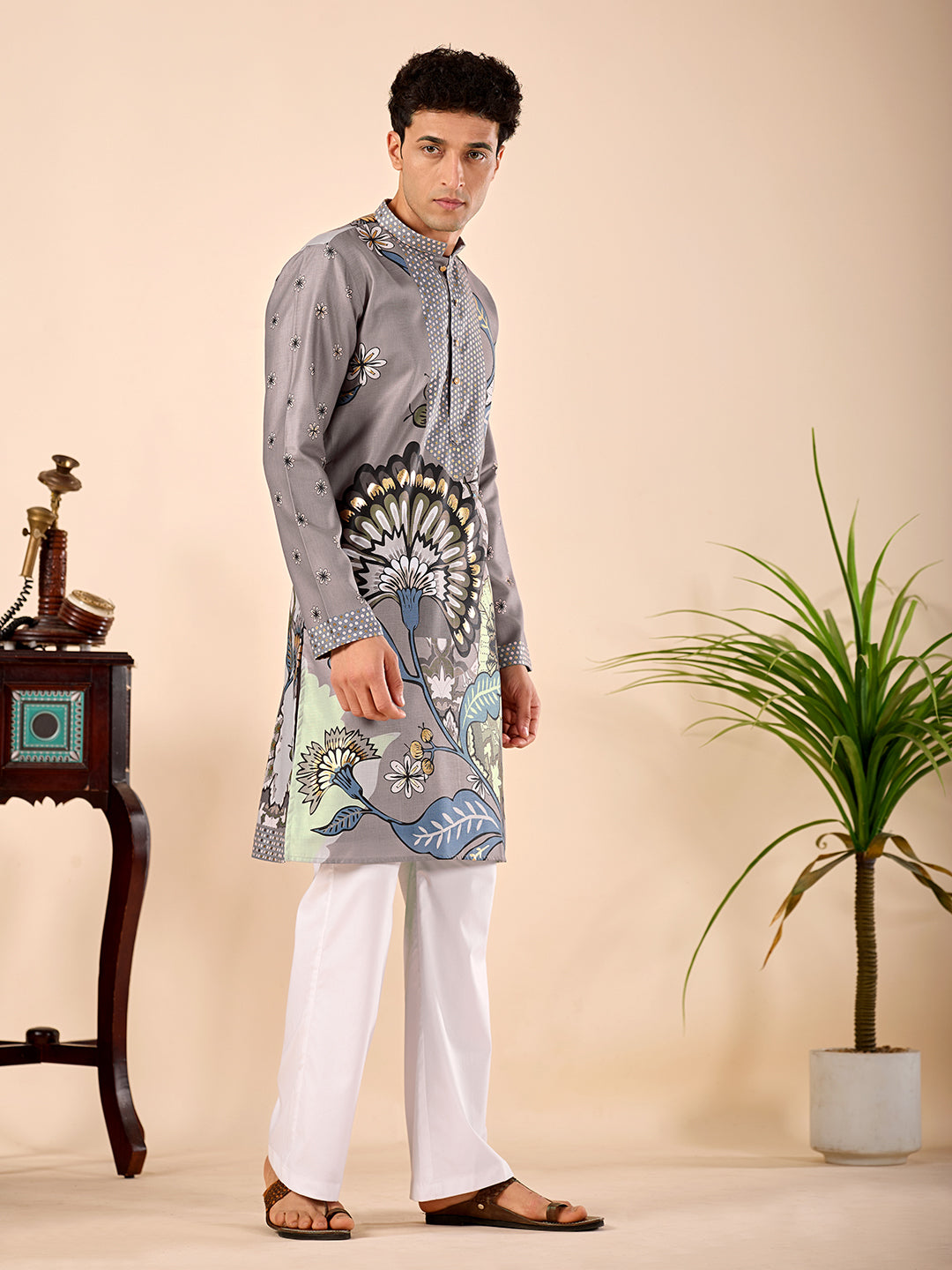 The Sartaj Linen Kurta (Grey Floral)