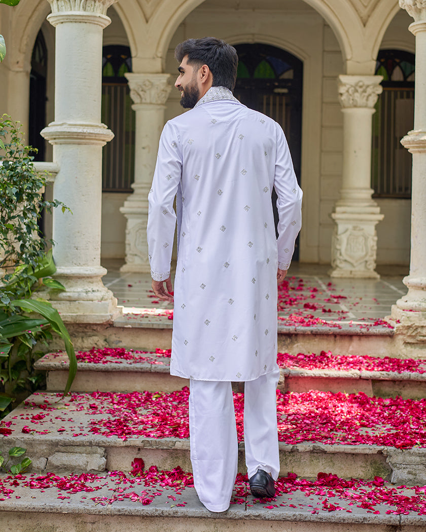 White Blue Embroidered Kurta with Dupatta and Pant Set