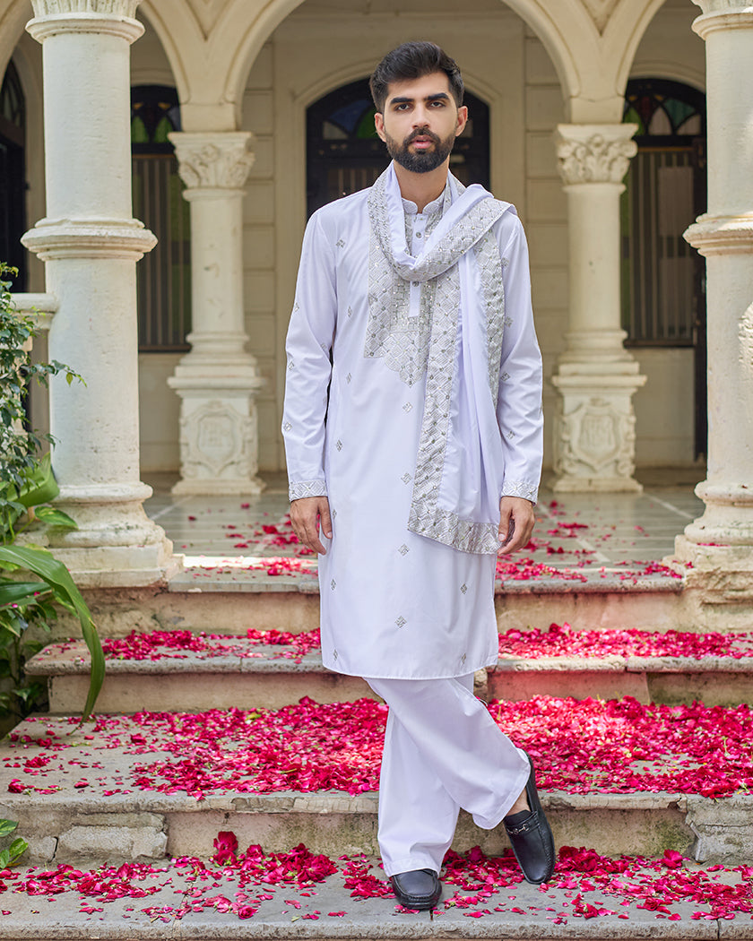 White Blue Embroidered Kurta with Dupatta and Pant Set