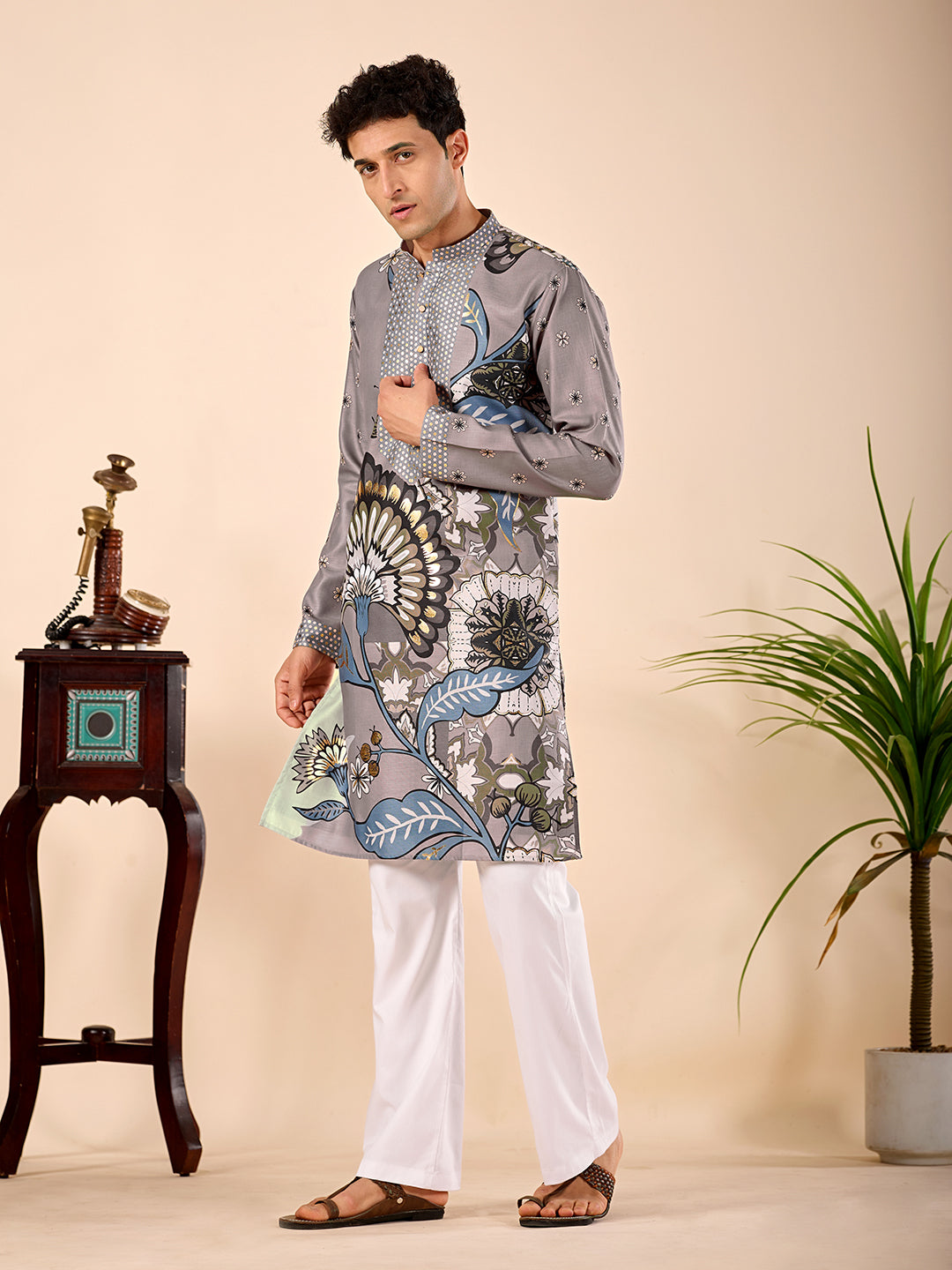 The Sartaj Linen Kurta (Grey Floral)