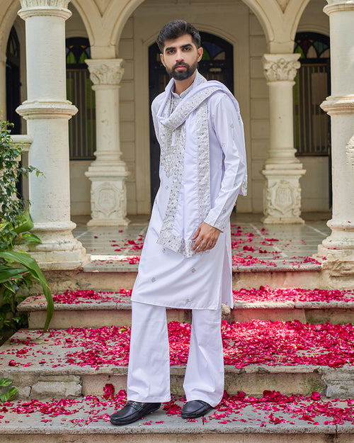 White Neck Embroidered Kurta with Dupatta and Pant Set