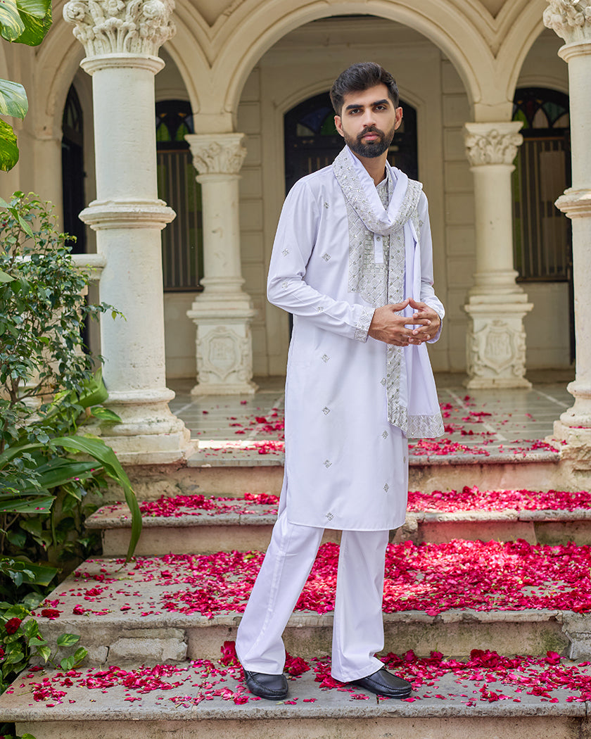 White Blue Embroidered Kurta with Dupatta and Pant Set