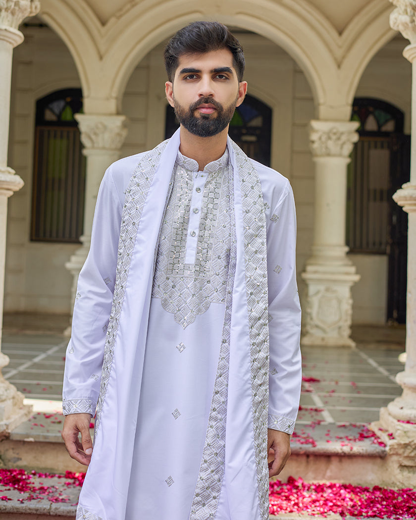 White Blue Embroidered Kurta with Dupatta and Pant Set