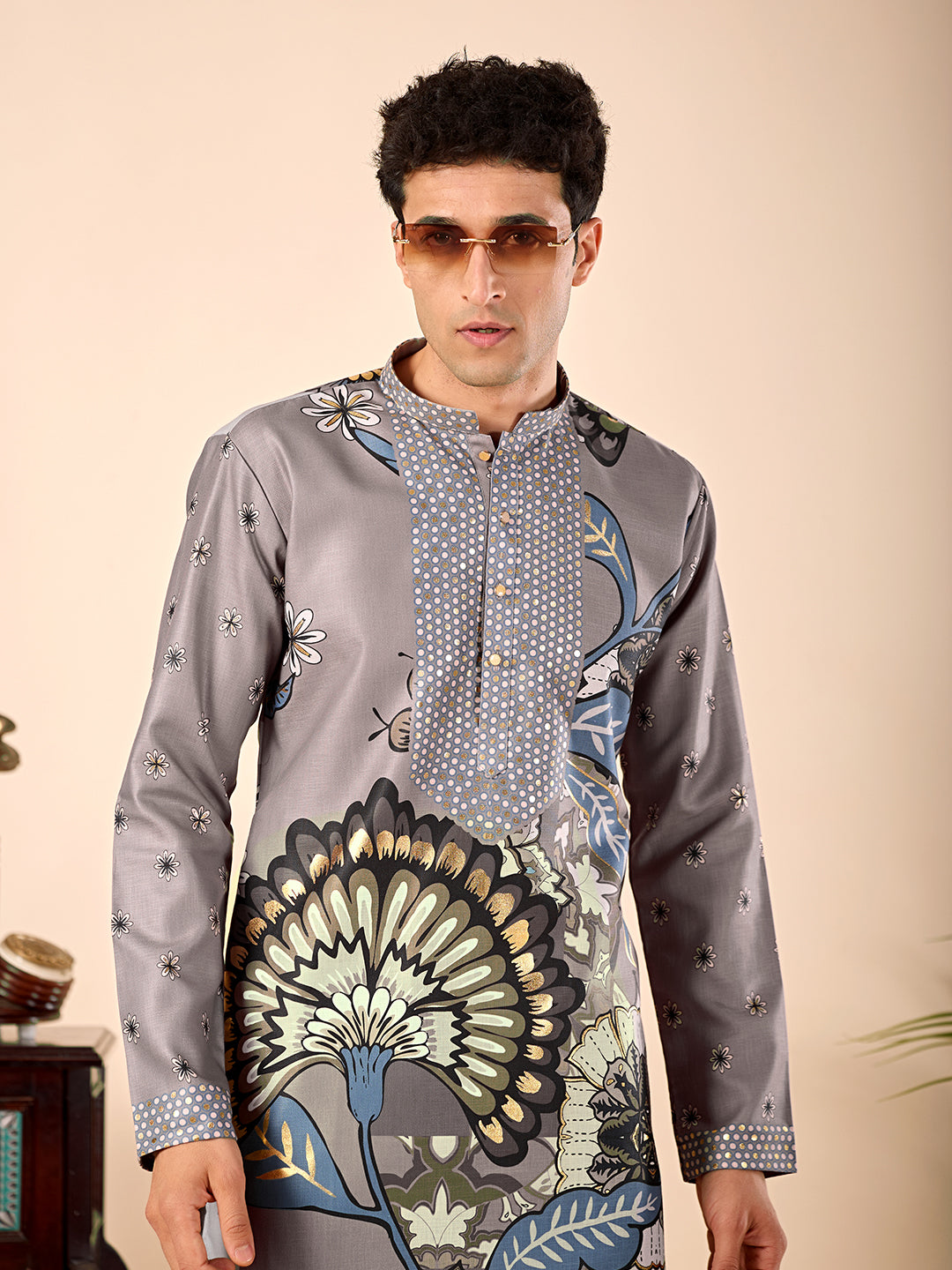 The Sartaj Linen Kurta (Grey Floral)
