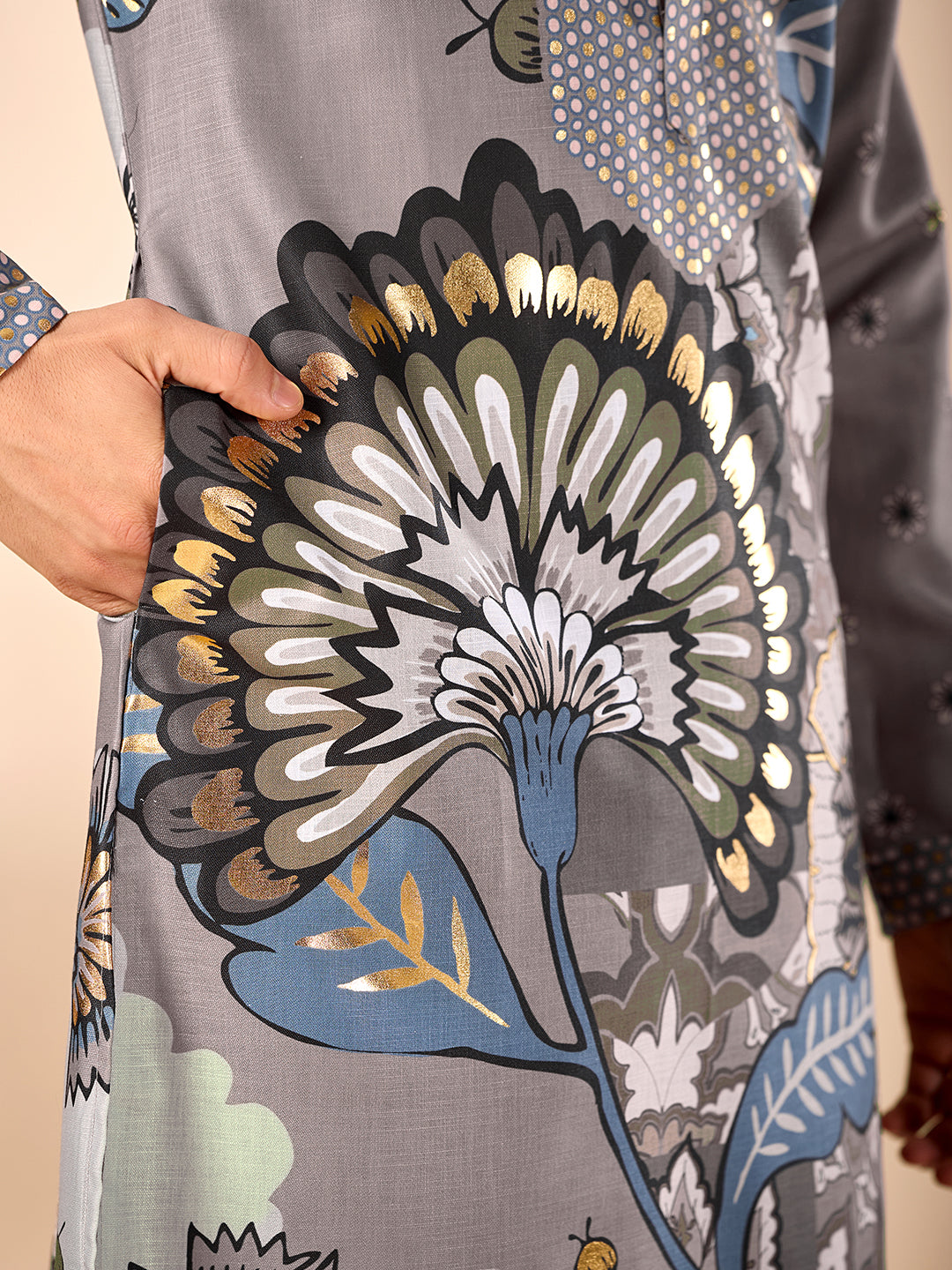 The Sartaj Linen Kurta (Grey Floral)