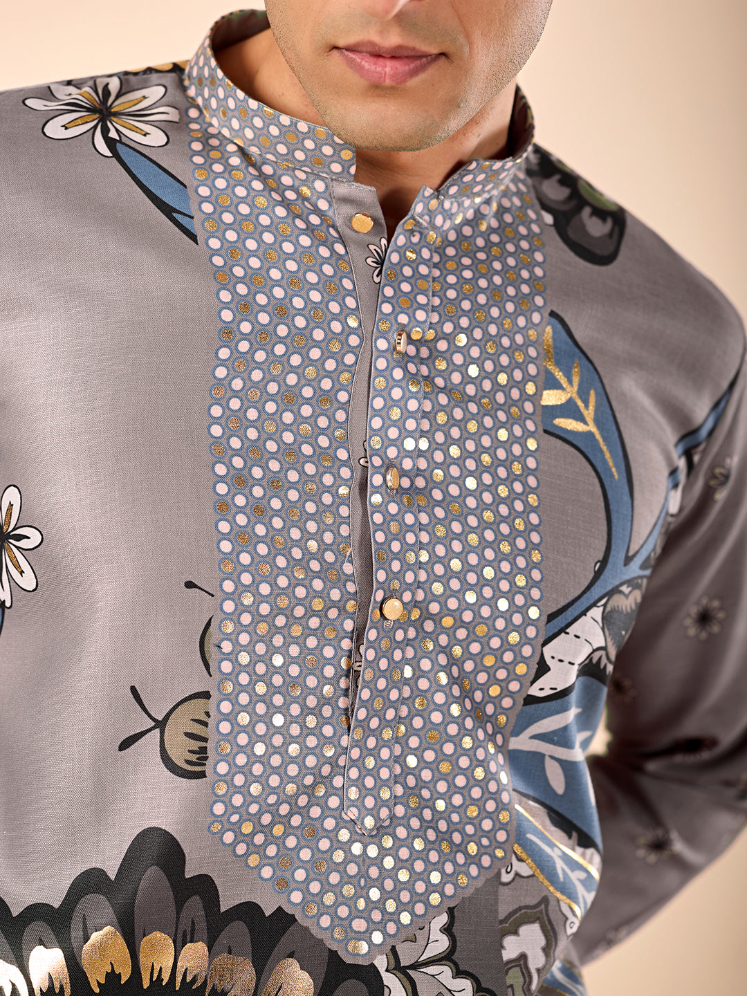 The Sartaj Linen Kurta (Grey Floral)