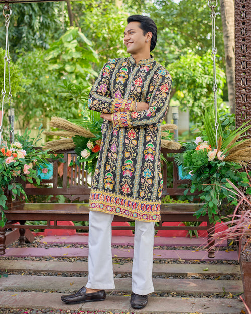Tapestry Regal Black Position-Embroided Kurta Set.