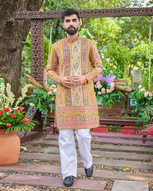 Tapestry Regal Yellow Position-Embroided Kurta Set